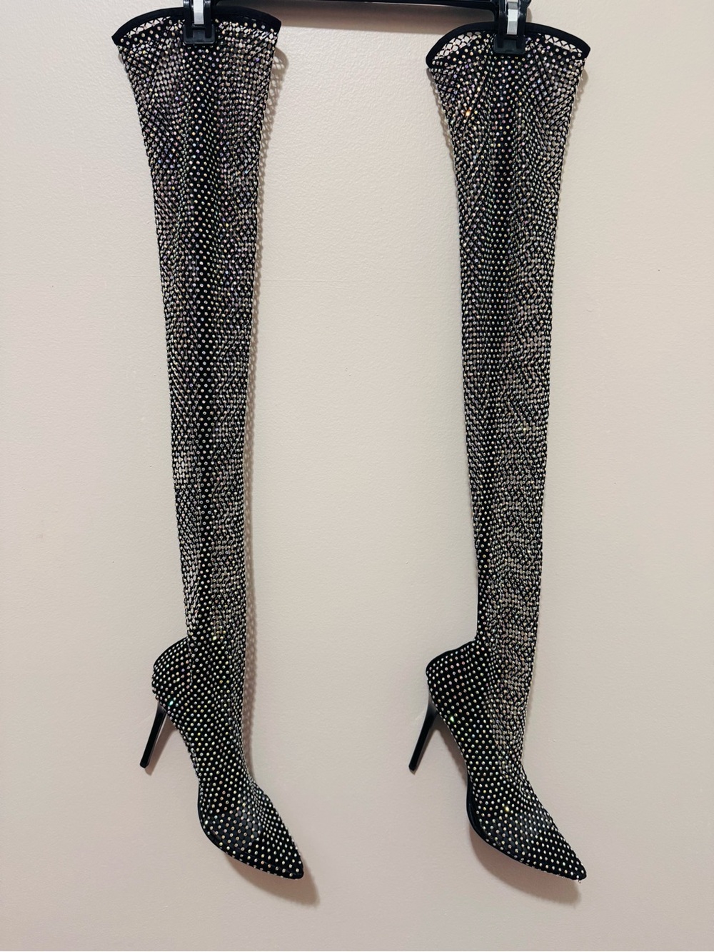 Black Fishnet Multicolored Crystal-Embellished Over-The-Knee Stiletto Boots